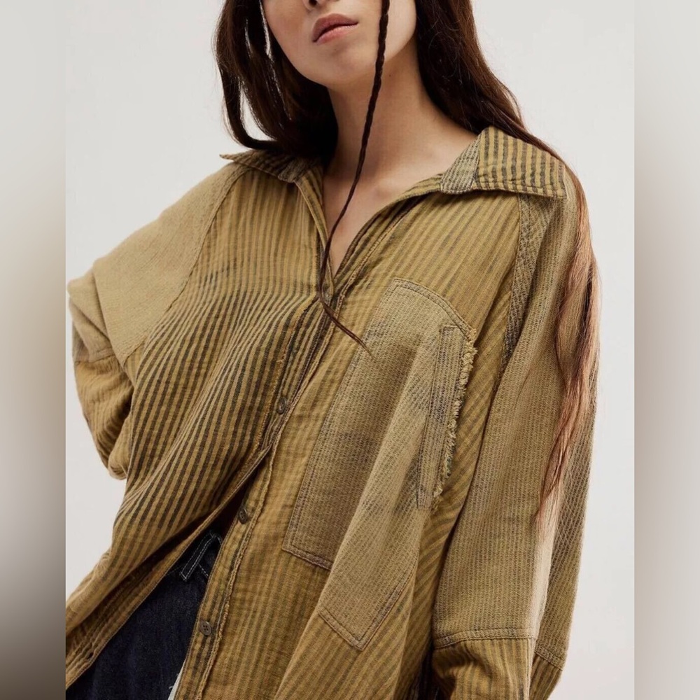 Free People We The Free Brown Skies Stripe Shirt Buttondown Long Sleeve Top